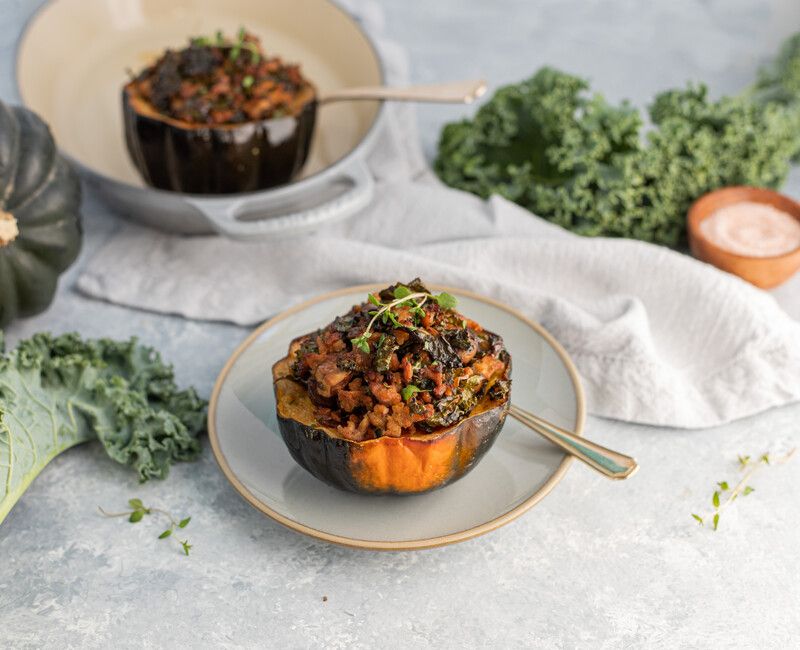 AIP Stuffed Acorn Squash with Chicken and Kale
