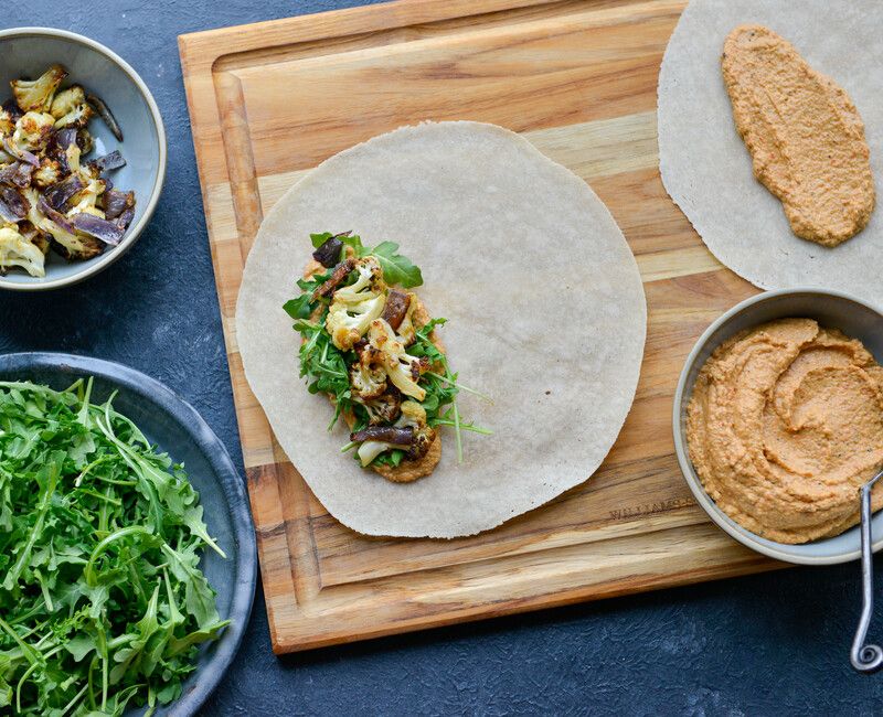 Roasted Cauliflower and Arugula Wraps with Red Pepper Chickpea Spread