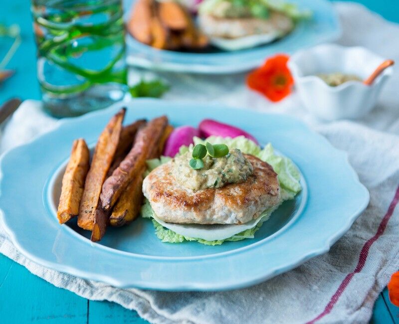Thai Turkey Burgers with Avocado-Sriracha Aioli   
