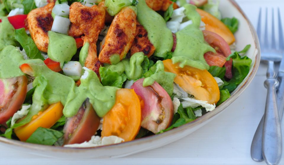 Chicken Fajita Salad with Spicy Avocado Dressing Paleo